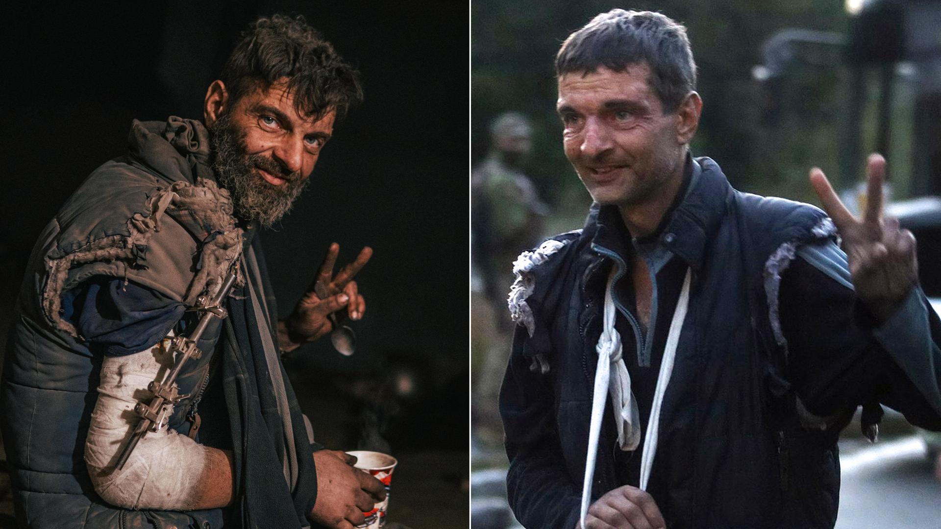 Kombination von zwei Fotos: Mykhailo Dianov vom Azow-Regiment im Mai 2022 und bei der Freilassung am 22. September 2022, Ukraine.