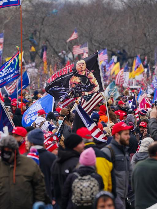 Bei einer Protestkundgebung in Washington werden zahlreiche US- und Trump-Flaggen geschwenkt.