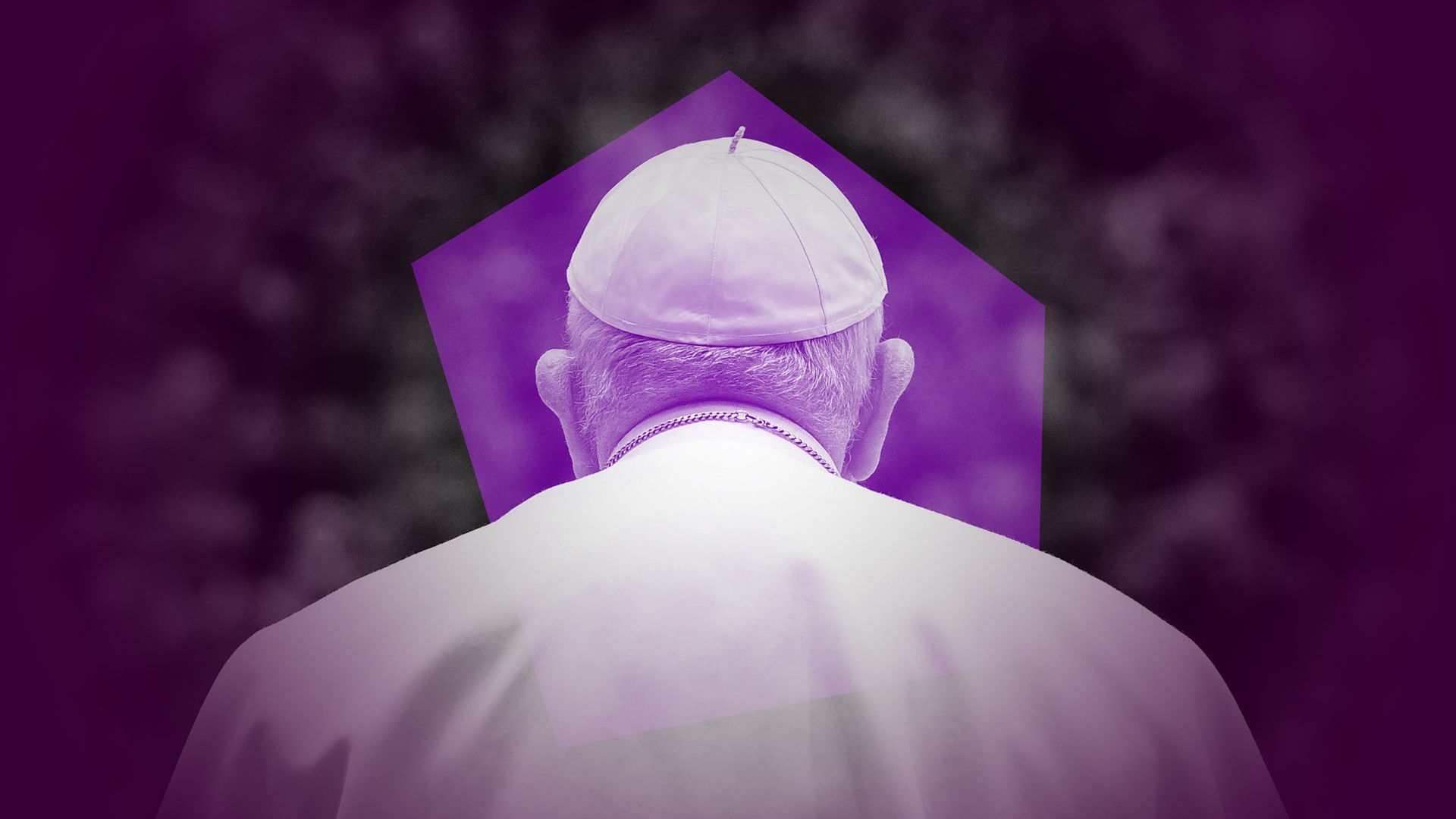Ein violett eingefärbtes Bild vom Papst, der von hinten zu sehen ist, wird von einem violetten Mosaikstück überlagert.