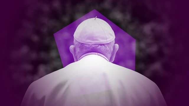 Ein violett eingefärbtes Bild vom Papst, der von hinten zu sehen ist, wird von einem violetten Mosaikstück überlagert.