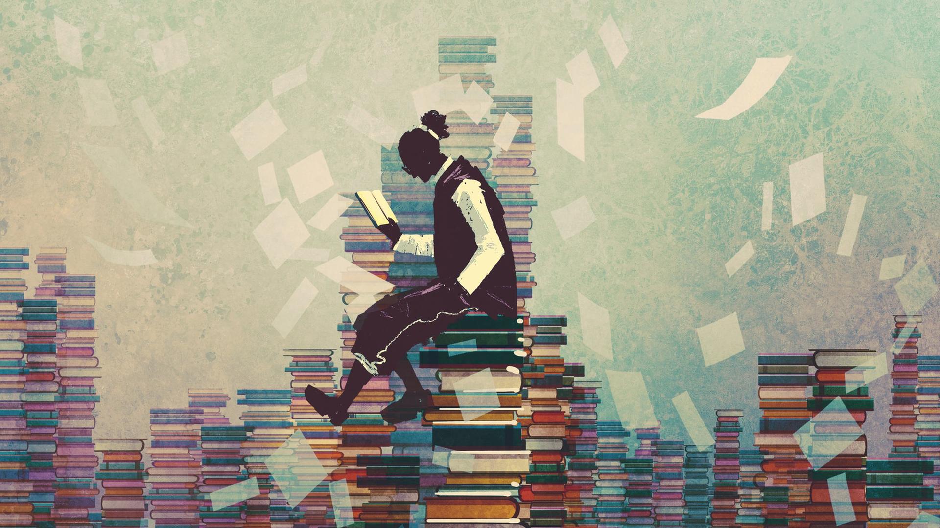 Illustration: Ein Mensch sitzt lesend auf einem riesigen Buchstapel, Buchseiten fliegen um ihn herum.