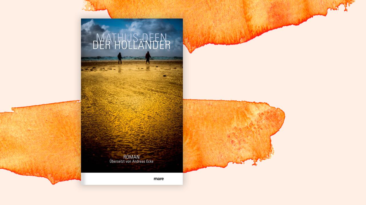 Das Cover des Krimis von Mathijs Deen, "Der Holländer", auf orange-weißem Grund. Das Cover zeigt ein Foto mit zwei Menschen im Gegenlicht in einer Wattlandschaft, darüber steht der Name des Autors und der Titel. Das Buch findet sich auf der Krimibestenliste von Deutschlandfunk Kultur.