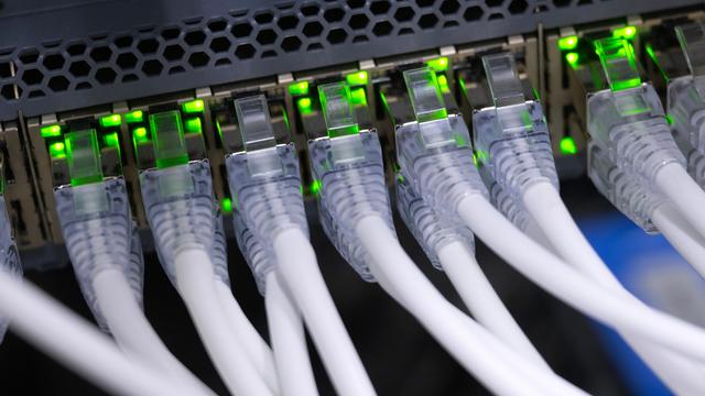 Nahaufnahme eines Netzwerkgeräts in einem Serverschrank: Mehrere dicke, weiße Netzwerkkabel sind nebeneinander in Anschlüsse eingesteckt, über denen zahlreiche grüne Kontrollleuchten blinken