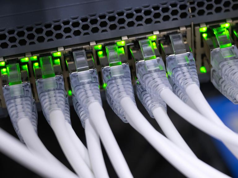 Nahaufnahme eines Netzwerkgeräts in einem Serverschrank: Mehrere dicke, weiße Netzwerkkabel sind nebeneinander in Anschlüsse eingesteckt, über denen zahlreiche grüne Kontrollleuchten blinken Nahaufnahme eines Netzwerkgeräts in einem Serverschrank: Mehrere dicke, weiße Netzwerkkabel sind nebeneinander in Anschlüsse eingesteckt, über denen zahlreiche grüne Kontrollleuchten blinken