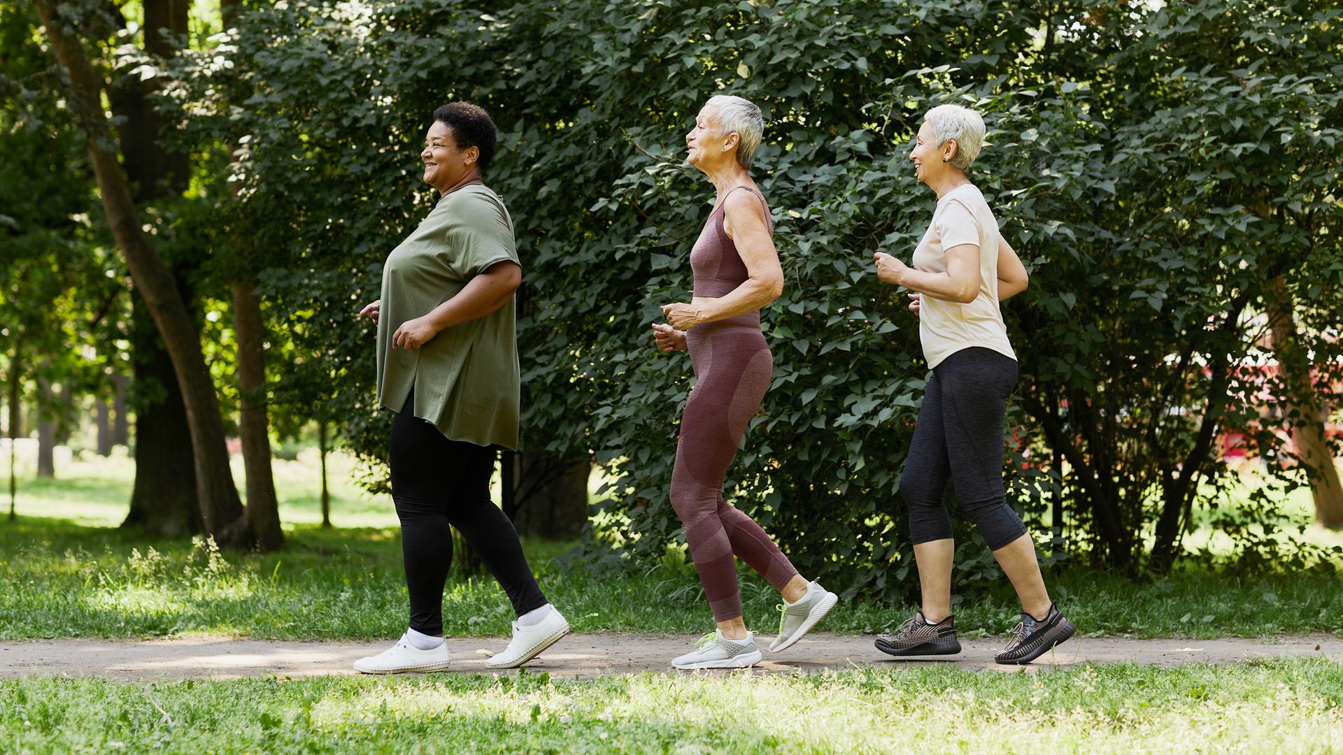 Drei ältere Frauen joggen fröhlich im Park, sie laufen hintereinander in einer Reihe.