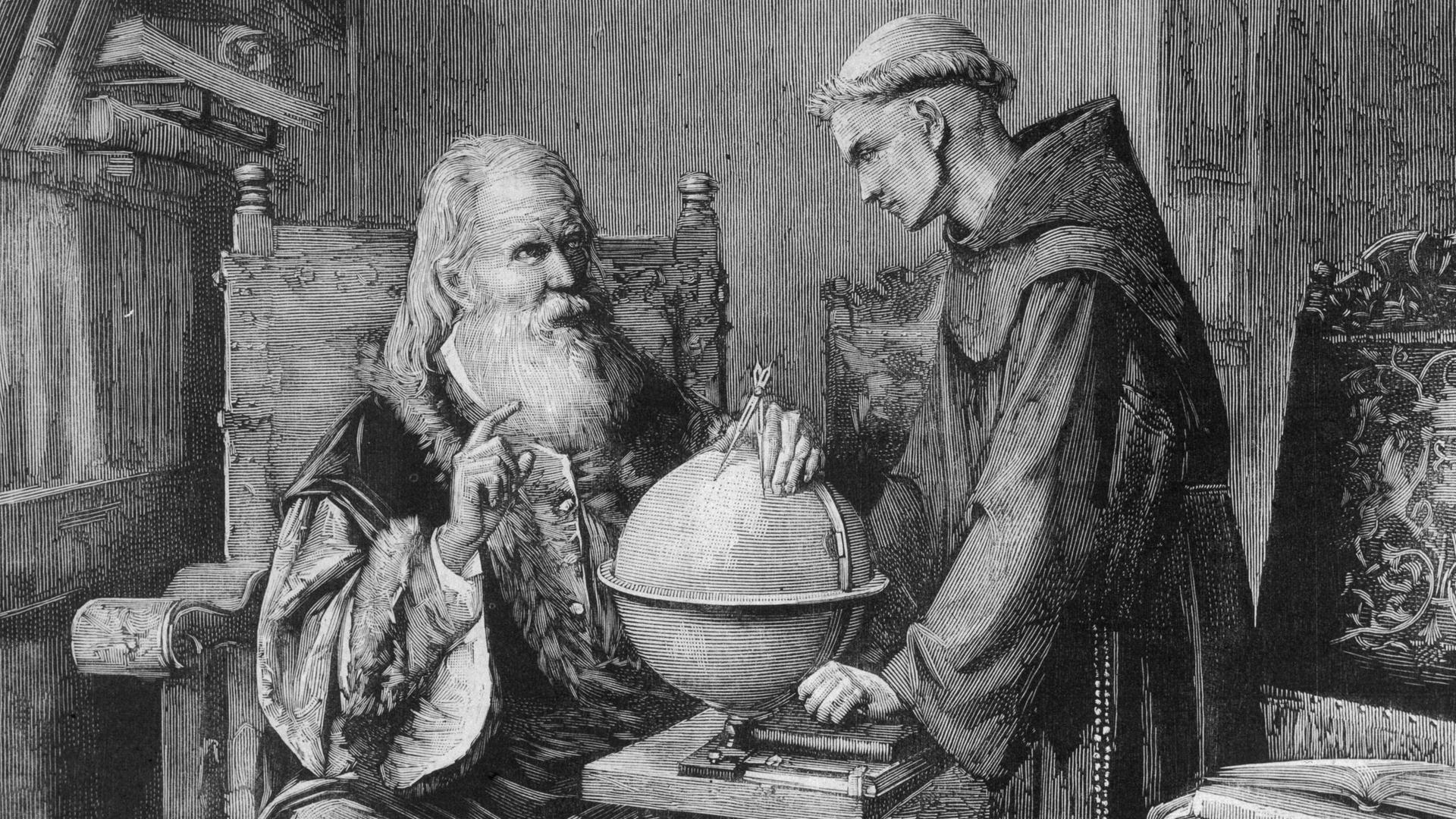 Eine alte Zeichnung zeigt, wie ein Mann mit langemBart einem anderen etwas mit seinem Globus erklärt.