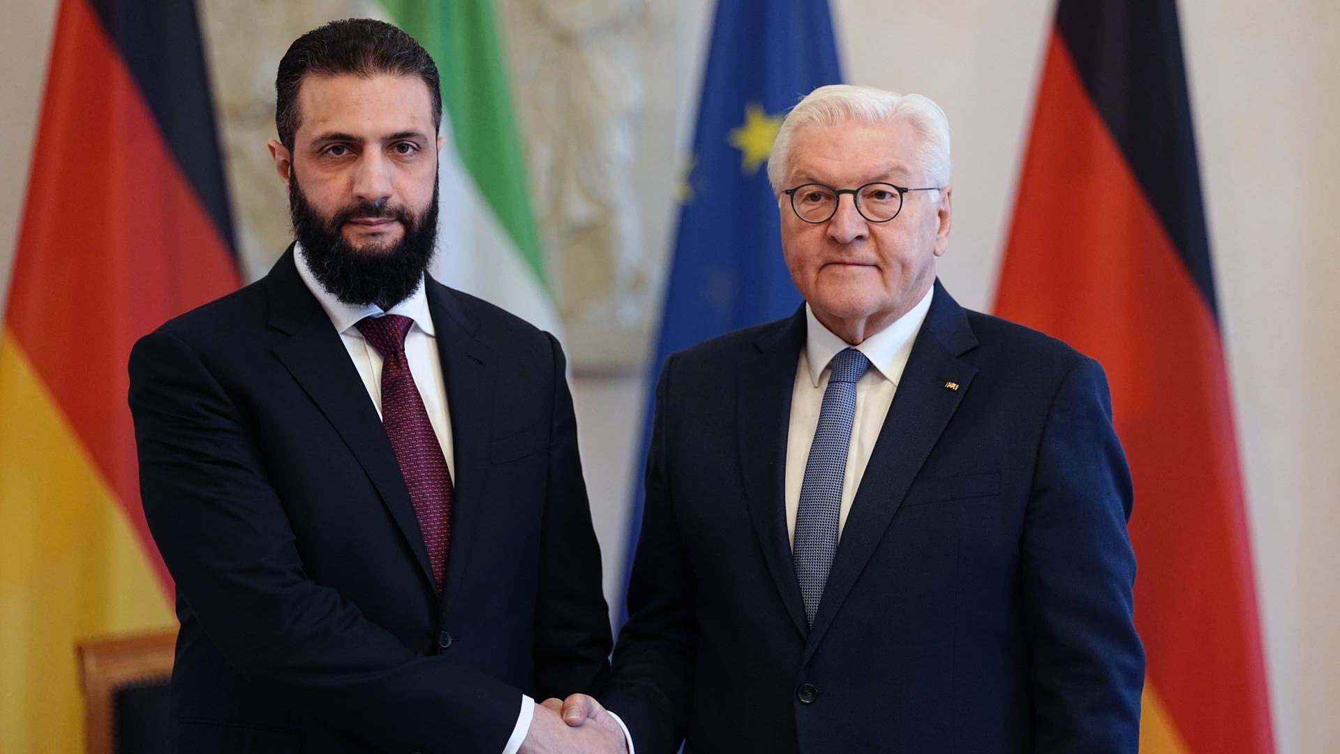 Syriens Übergangspräsident Ahmed al-Scharaa und Bundespräsident Frank-Walter Steinmeier schütteln sich die Hände.