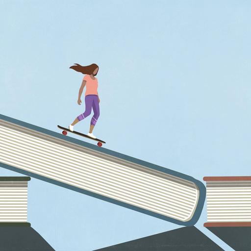 Illustration: Eine weiblich gelesene Figur fährt auf einem Skateboard ein Buch hinunter, das auf einem Stapel mit anderen Büchern liegt.