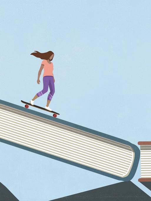 Illustration: Eine weiblich gelesene Figur fährt auf einem Skateboard ein Buch hinunter, das auf einem Stapel mit anderen Büchern liegt.
