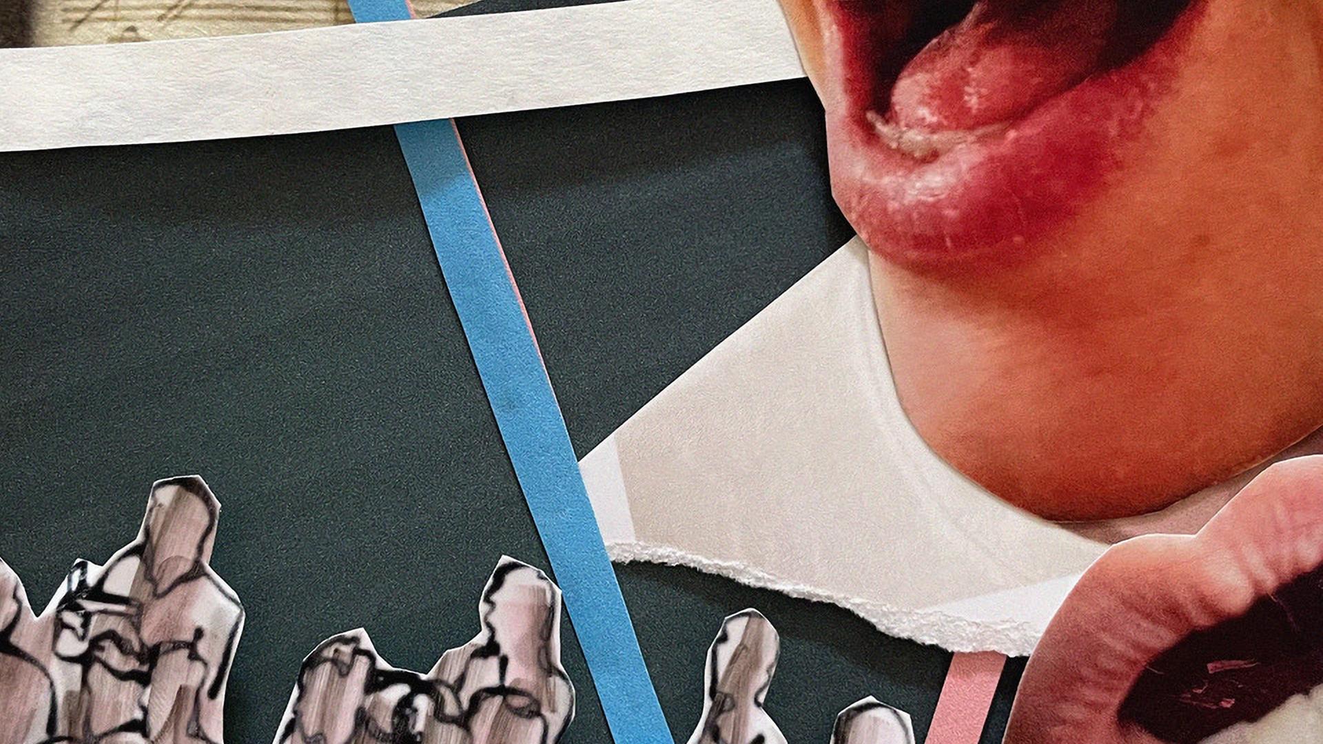 Eine Collage mit Strichmännchen, Papierschnipseln und offenen Mündern. Eine Collage mit Strichmännchen, Papierschnipseln und offenen Mündern.