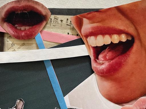 Eine Collage mit Strichmännchen, Papierschnipseln und offenen Mündern. Eine Collage mit Strichmännchen, Papierschnipseln und offenen Mündern.