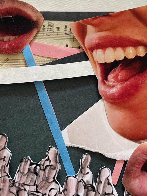 Eine Collage mit Strichmännchen, Papierschnipseln und offenen Mündern. Eine Collage mit Strichmännchen, Papierschnipseln und offenen Mündern.