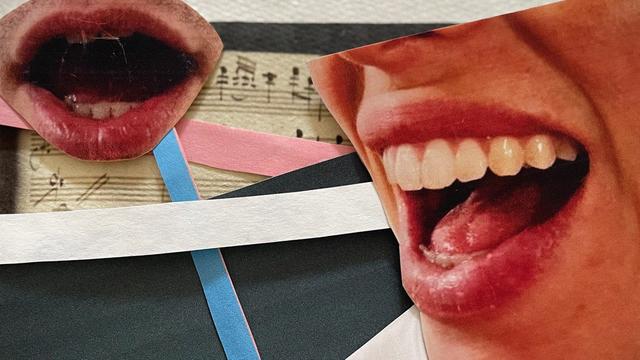 Eine Collage mit Strichmännchen, Papierschnipseln und offenen Mündern.