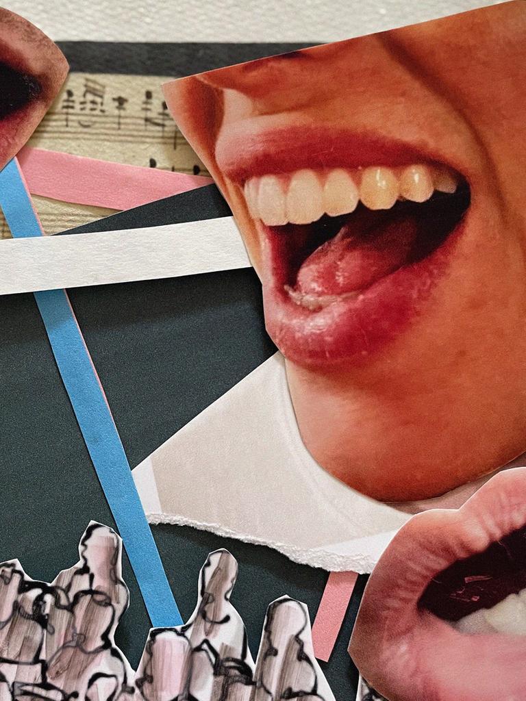 Eine Collage mit Strichmännchen, Papierschnipseln und offenen Mündern. Eine Collage mit Strichmännchen, Papierschnipseln und offenen Mündern.