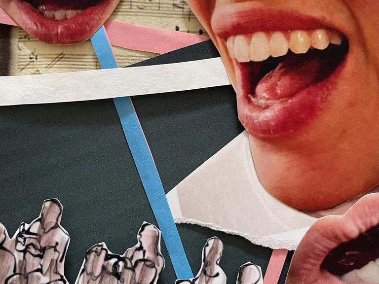 Eine Collage mit Strichmännchen, Papierschnipseln und offenen Mündern. Eine Collage mit Strichmännchen, Papierschnipseln und offenen Mündern.