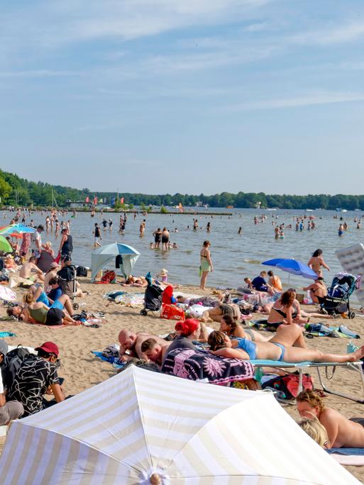 Eine große Menschenmenge von Badenden und Erholungssuchenden am Strand des Müggelsees.