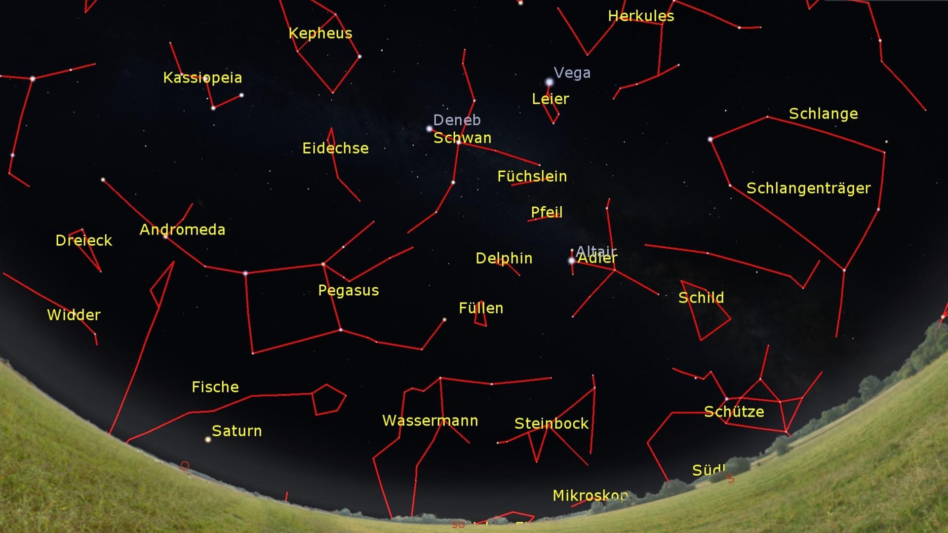 Ein Foto zeigt den Nachthimmel. die Sternbilder sind dabei mit roten Strichen nachtgezeichnet und benannt. Zum Beispiel ega, Deneb und Altair. Ein Foto zeigt den Nachthimmel. die Sternbilder sind dabei mit roten Strichen nachtgezeichnet und benannt. Zum Beispiel ega, Deneb und Altair.