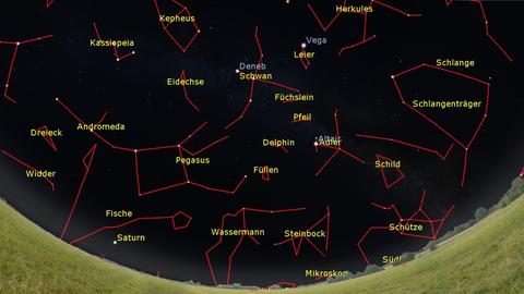 Ein Foto zeigt den Nachthimmel. die Sternbilder sind dabei mit roten Strichen nachtgezeichnet und benannt. Zum Beispiel ega, Deneb und Altair.