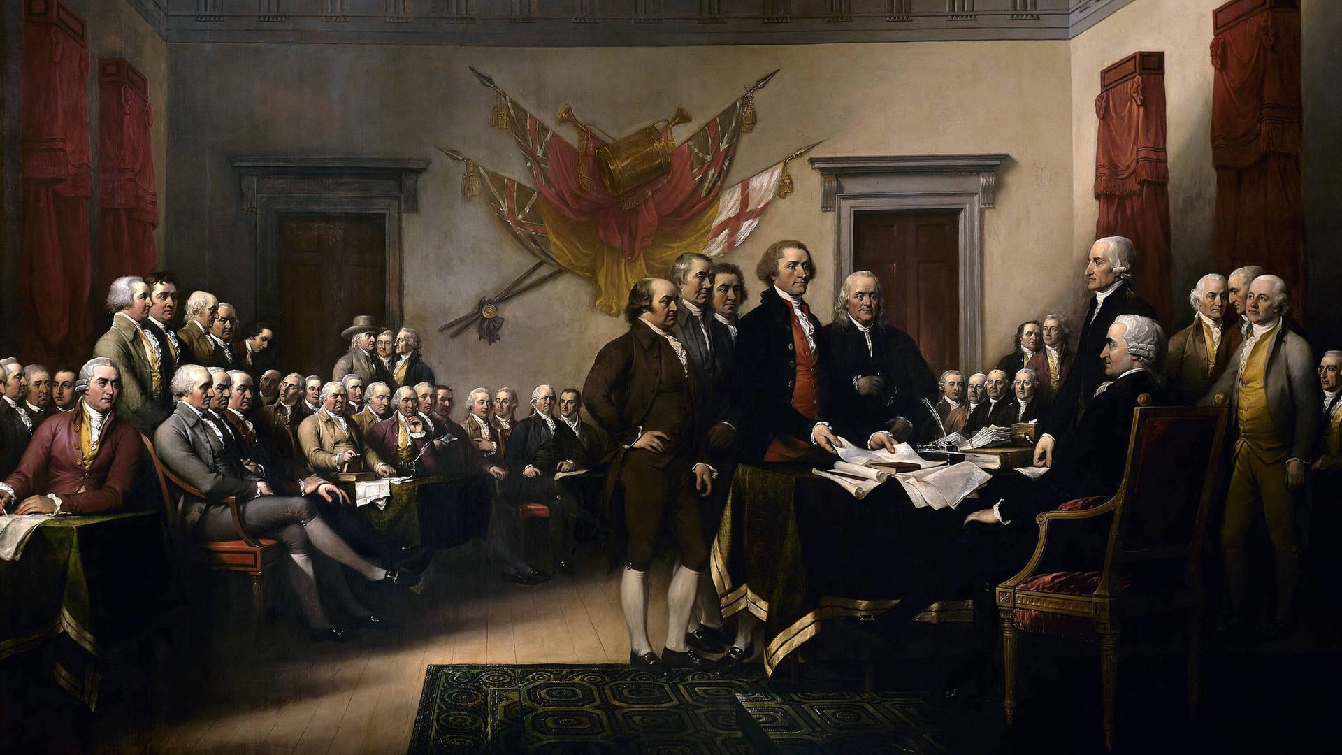 „Die Unabhängigkeitserklärung“ von John Trumbull (1756–1843). John Trumbulls Gemälde zeigt den fünfköpfigen Redaktionsausschuss der Unabhängigkeitserklärung, der dem Kongress sein Werk vorlegt. Das Original hängt in der Rotunde des US-Kapitols.