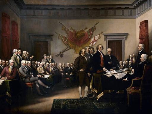 „Die Unabhängigkeitserklärung“ von John Trumbull (1756–1843). John Trumbulls Gemälde zeigt den fünfköpfigen Redaktionsausschuss der Unabhängigkeitserklärung, der dem Kongress sein Werk vorlegt. Das Original hängt in der Rotunde des US-Kapitols.