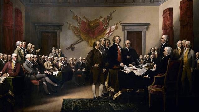 „Die Unabhängigkeitserklärung“ von John Trumbull (1756–1843). John Trumbulls Gemälde zeigt den fünfköpfigen Redaktionsausschuss der Unabhängigkeitserklärung, der dem Kongress sein Werk vorlegt. Das Original hängt in der Rotunde des US-Kapitols.