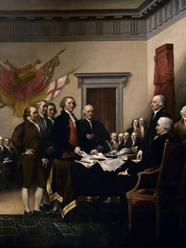 „Die Unabhängigkeitserklärung“ von John Trumbull (1756–1843). John Trumbulls Gemälde zeigt den fünfköpfigen Redaktionsausschuss der Unabhängigkeitserklärung, der dem Kongress sein Werk vorlegt. Das Original hängt in der Rotunde des US-Kapitols.