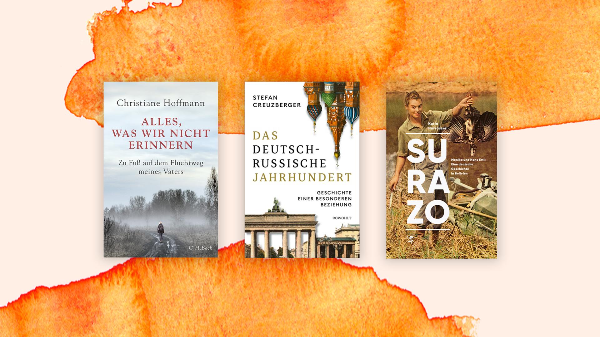 Die drei Buchcover stehen nebeneinander auf einem aquarellierten orangefarbigen Hintergrund Die drei Buchcover stehen nebeneinander auf einem aquarellierten orangefarbigen Hintergrund