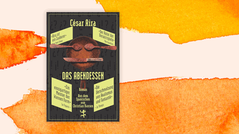Cover des Buchs „Das Abendessen“ von César Aira vor orangefarbenem Hintergrund.