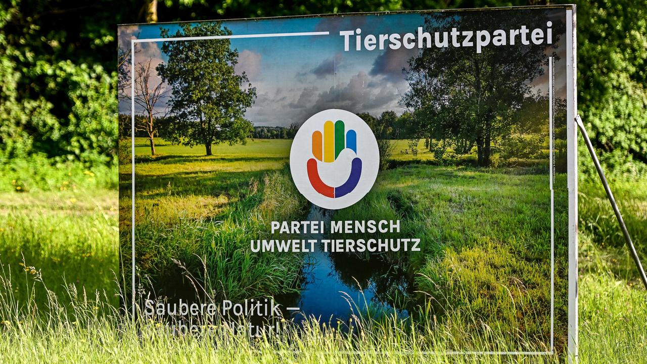 Ein Wahlplakat der Tierschutzpartei steht auf einer grünen Wiese.