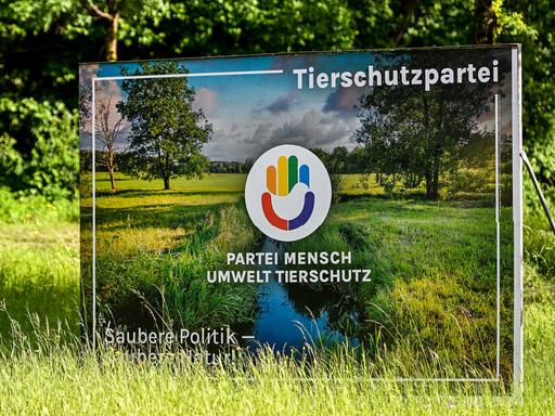 Ein Wahlplakat der Tierschutzpartei steht auf einer grünen Wiese.