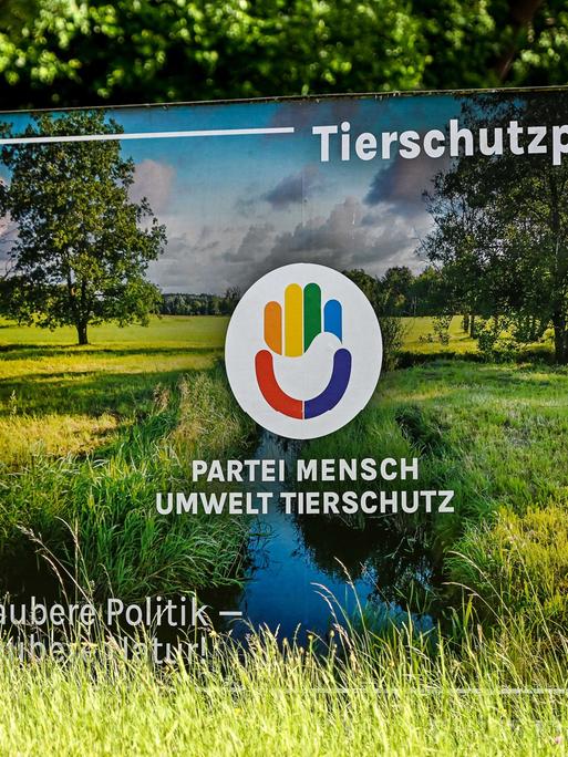 Ein Wahlplakat der Tierschutzpartei steht auf einer grünen Wiese.