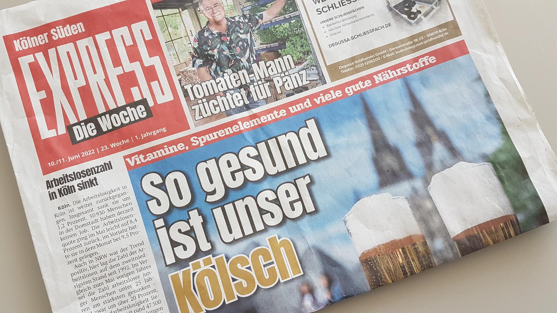 Die Titelseite des Kölner Anzeigenblatts "Express, die Woche" titelte "So gesund ist unser Kölsch".