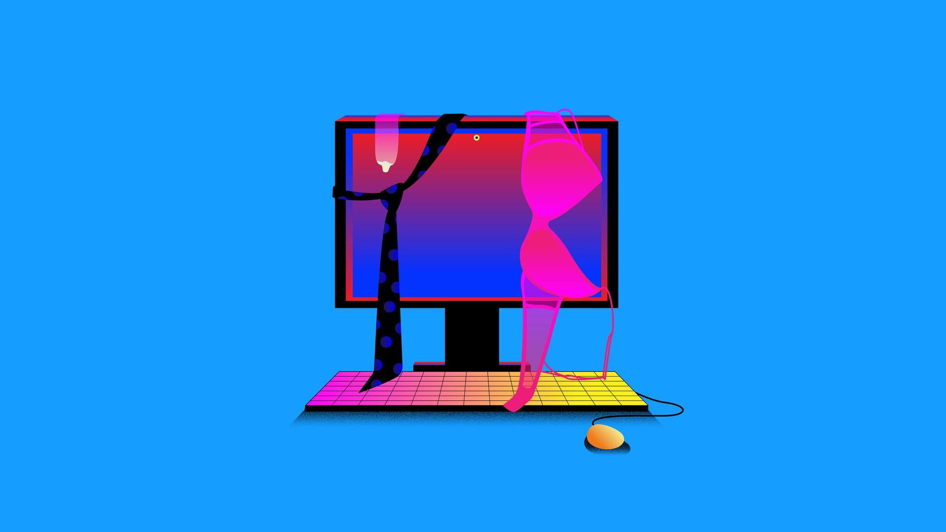 Illustration: Über dem Bildschirm von einem Desktop PC hängen eine gepunktete Krawatte, ein Kondom und ein pinker BH vor blauem Hintergrund.