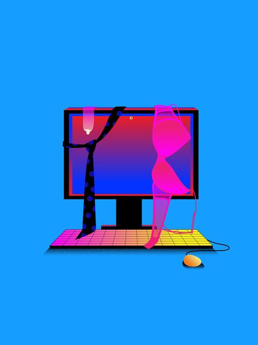 Illustration: Über dem Bildschirm von einem Desktop PC hängen eine gepunktete Krawatte, ein Kondom und ein pinker BH vor blauem Hintergrund.