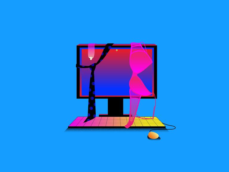 Illustration: Über dem Bildschirm von einem Desktop PC hängen eine gepunktete Krawatte, ein Kondom und ein pinker BH vor blauem Hintergrund.