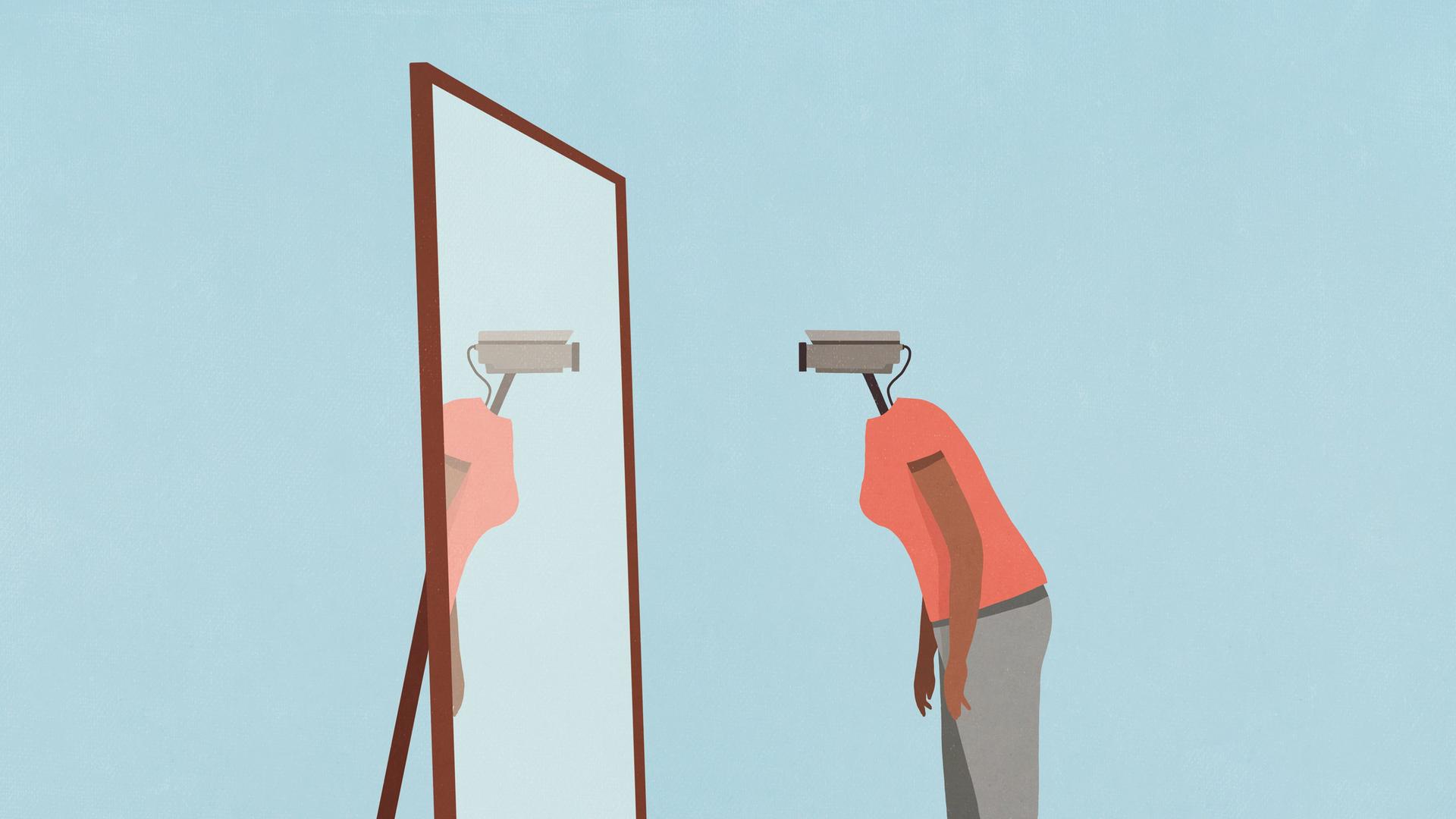 Eine Illustration zeigt einen Frauenkörper mit einer Kamera als Kopf die sich in einem Spiegel betrachtet.