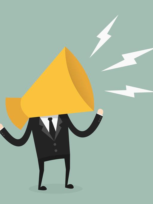 Illustration: Mann im Anzug schreit in ein Megafon, das seinen Kopf umfasst.