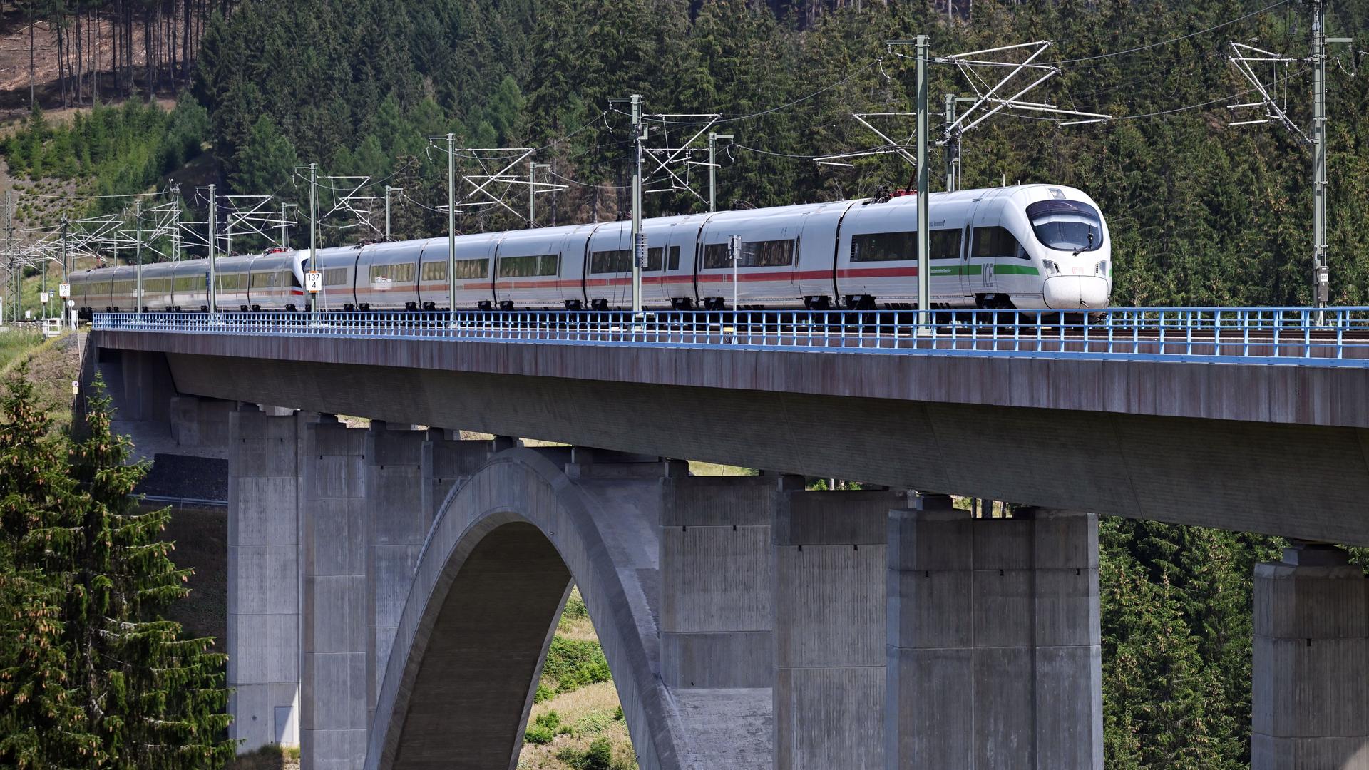 Ein ICE der Deutschen Bahn fährt über die Massetalbrücke an der ICE-Strecke durch den Thüringer Wald