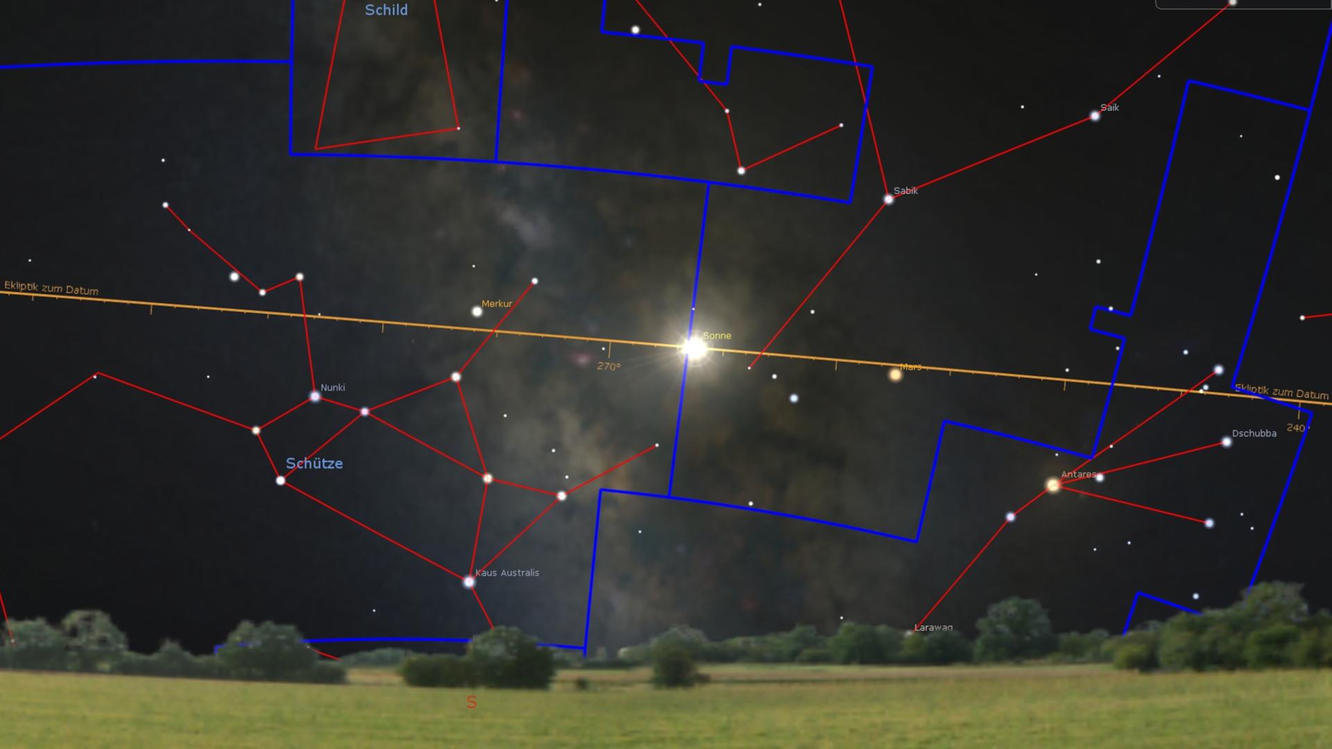 Auf einer Aufnahme des Nachthimmels sind verschiedenfarbige Linien eingezeichnet.