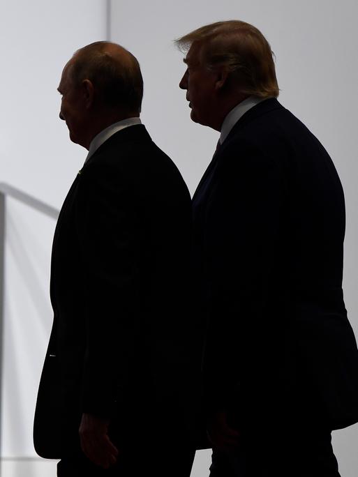 US-Präsident Donald Trump und Russlands Präsident Wladimir Putin stehen dicht beieinander vor einer weißen Wand. Sie sind im Profil und im Halbschatten abgebildet. 