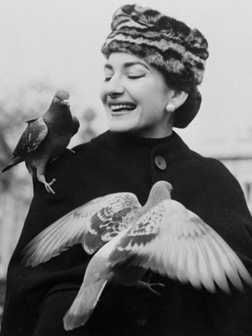 Die Opernsopranistin Maria Callas hält und füttert Tauben auf dem Trafalgar Square in London