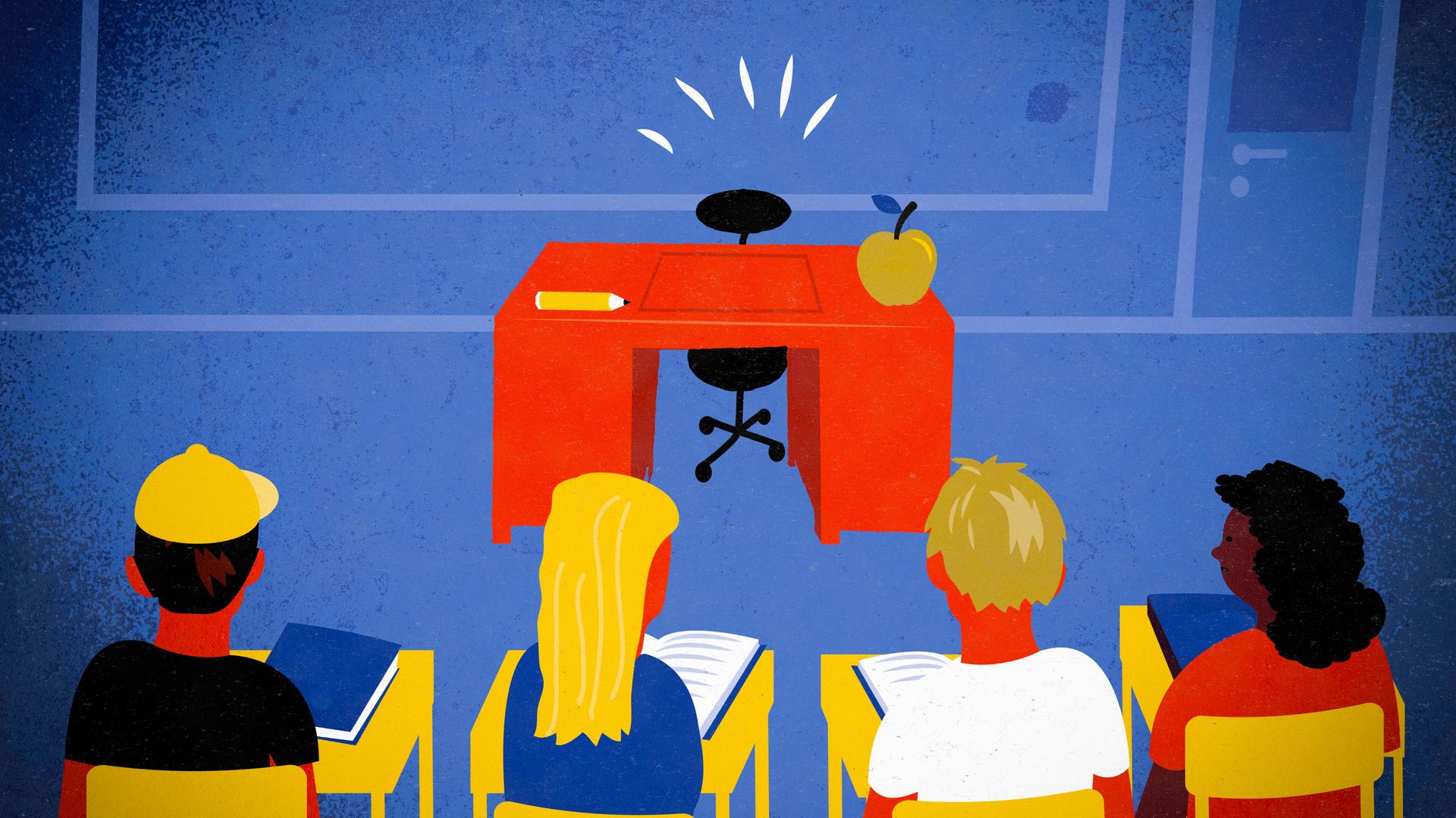 Illustration: Schüler warten in einem Klassenzimmer auf einen abwesenden Lehrer. Sie blicken auf den Lehrertisch, doch dort sitzt niemand.