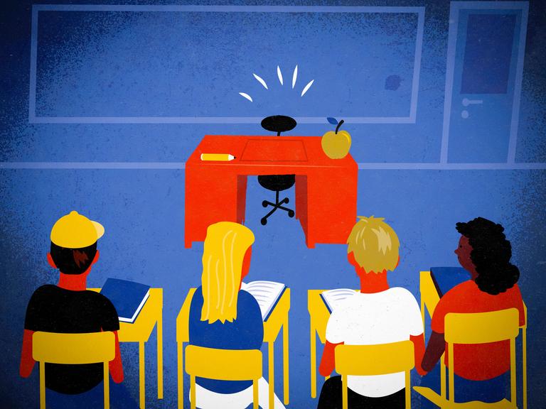 Illustration: Schüler warten in einem Klassenzimmer auf einen abwesenden Lehrer. Sie blicken auf den Lehrertisch, doch dort sitzt niemand.