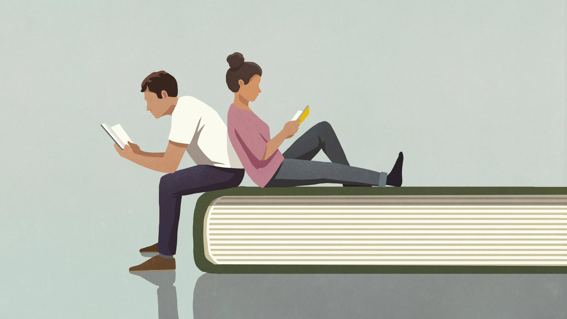 Eine Illustration zeigt ein Paar, das lesend auf einem übergroßen Buch sitzt. Eine Illustration zeigt ein Paar, das lesend auf einem übergroßen Buch sitzt.