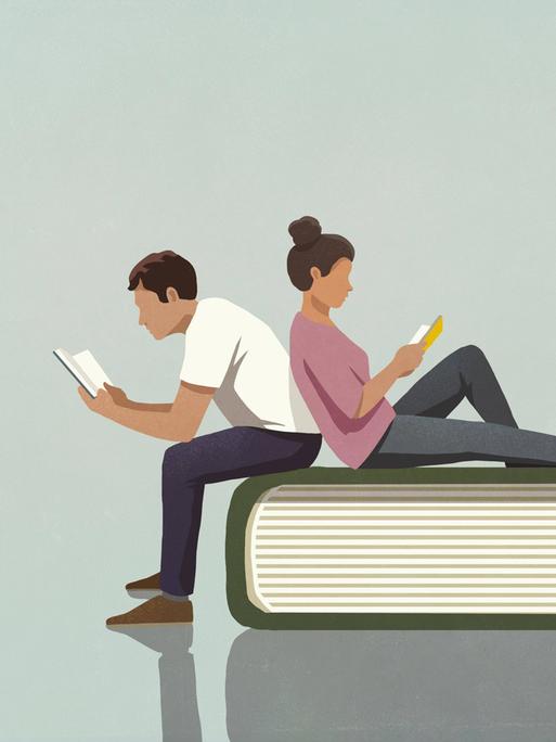 Eine Illustration zeigt ein Paar, das lesend auf einem übergroßen Buch sitzt.