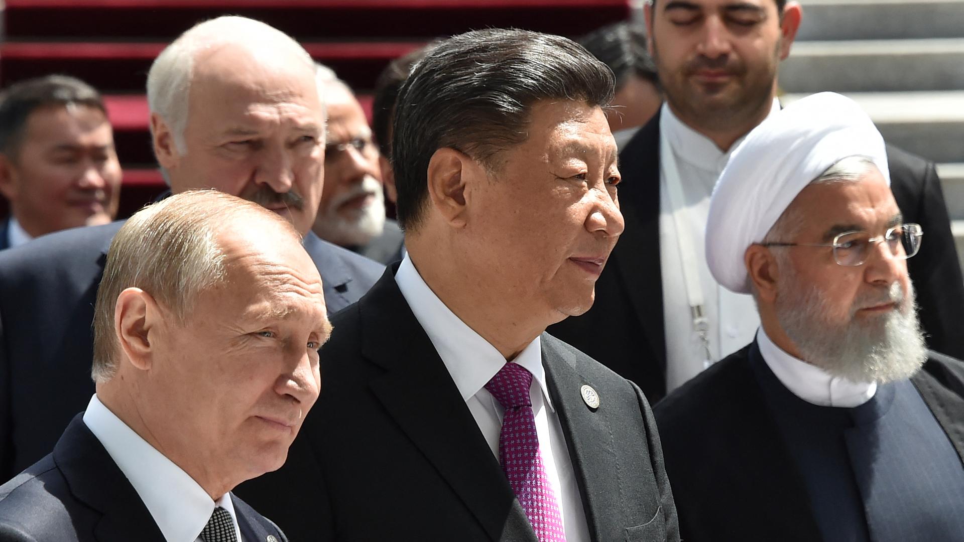 Alexander Lukaschenko, Wladimir Putin, Xi Jinping und Hassan Rouhani bei einem Treffen 2018.