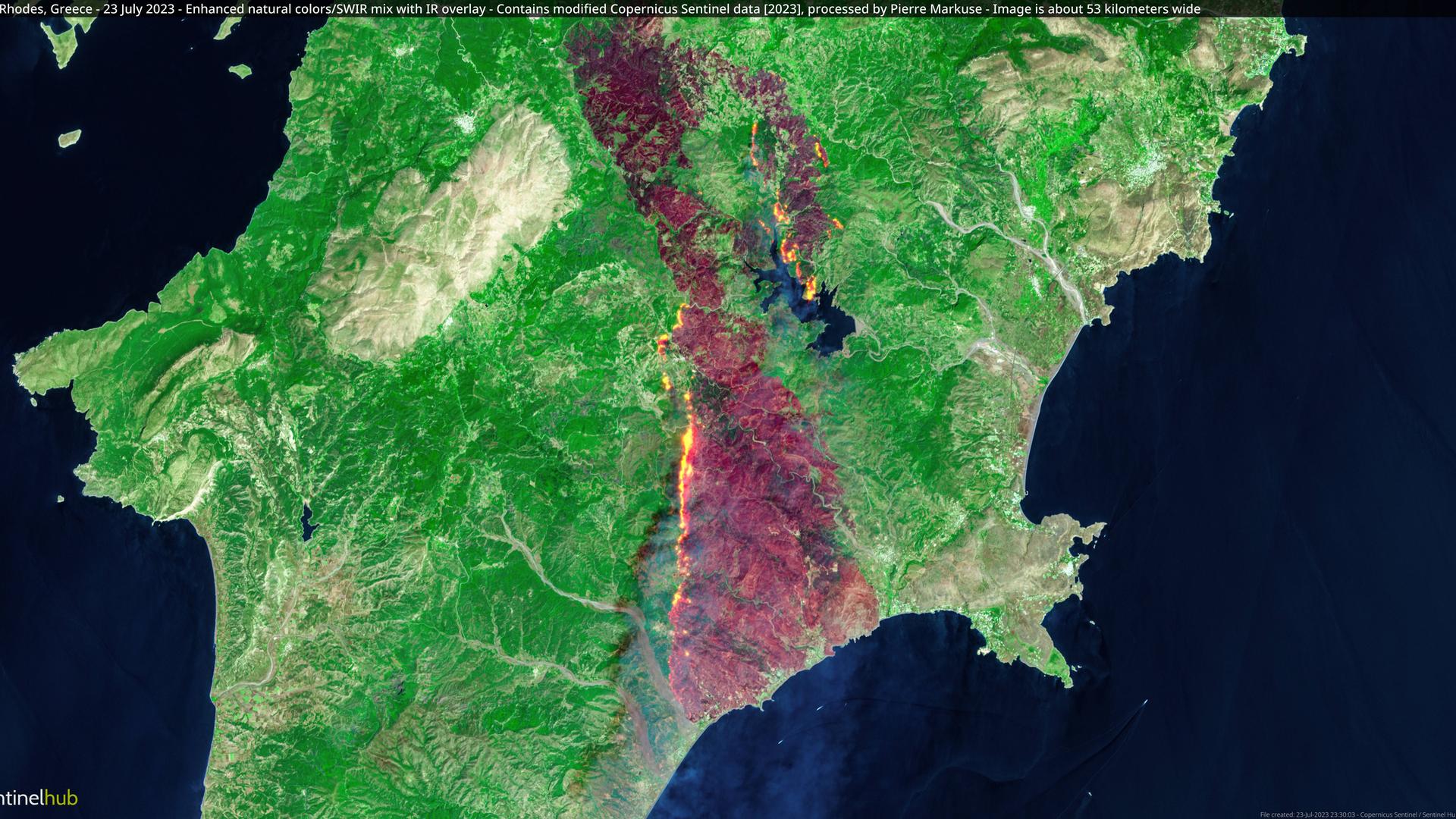 Diese vom Satelliten Copernicus Sentinel aufgenommenen und von Pierre Markuse bearbeiteten Bilder zeigen das Ausmaß der Waldbrände, die am Sonntag, dem 23. Juli 2023, auf der griechischen Insel Rhodos wüten.