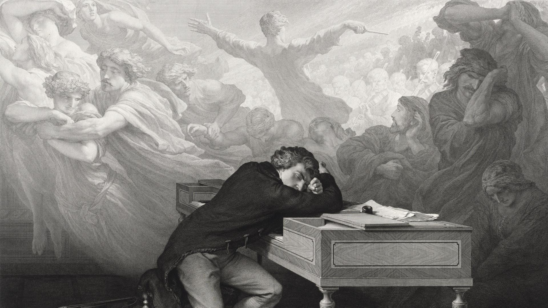 Ludwig van Beethoven vor visionären Gestalten über ein Spinett gebeugt. Radierung / Kupferstich von Aime de Lemud.