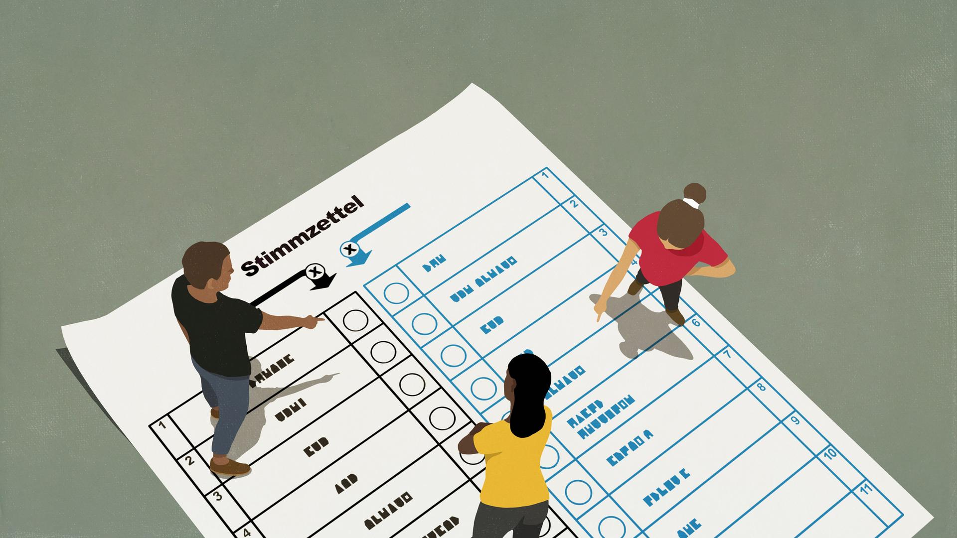 Illustration dreier Personen, die auf einem Wahlschein stehen und auf die verschiedenen Wahlmöglichkeiten zeigen.