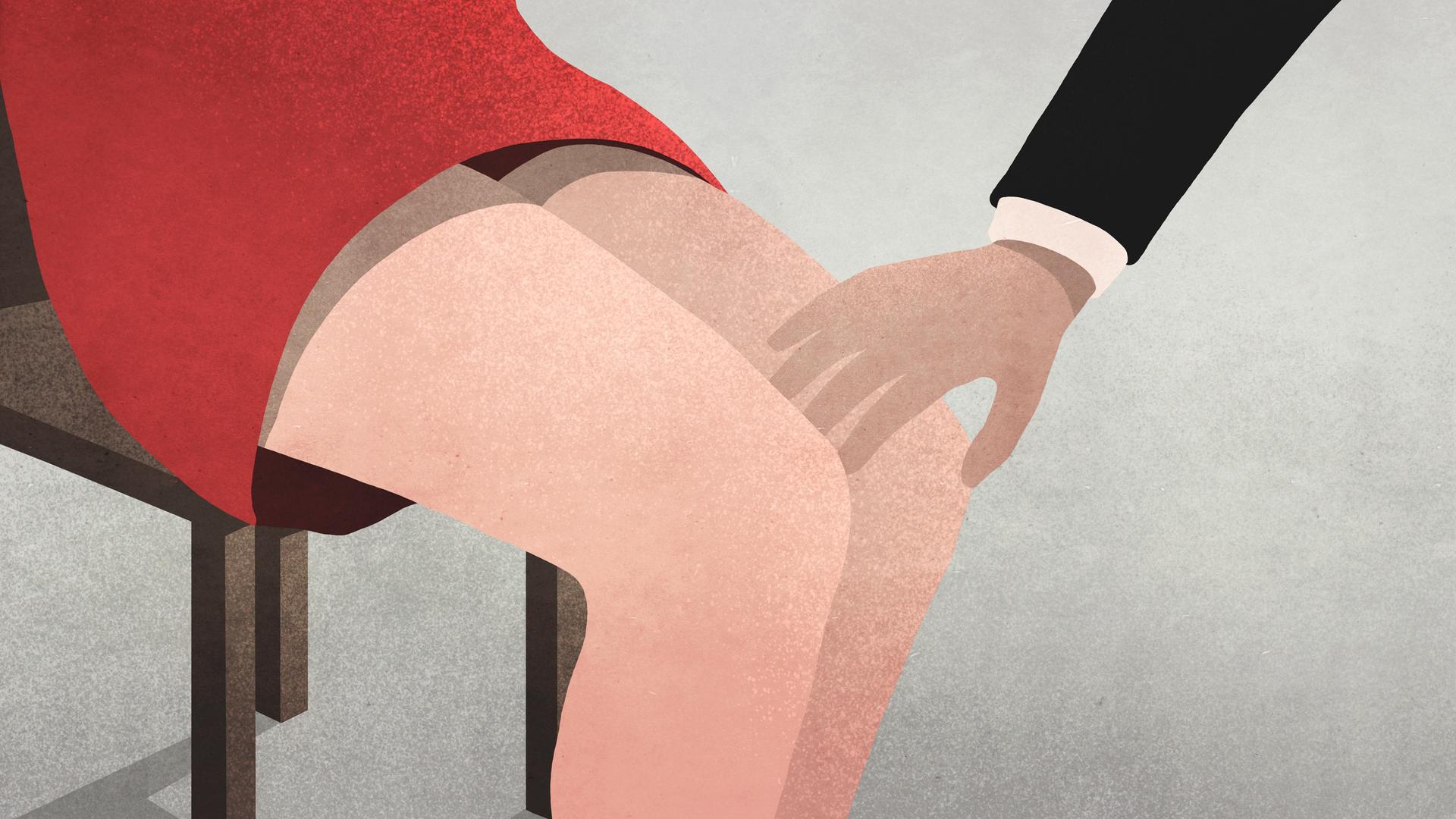 Auf einer Illustration berührt eine männliche Hand ein weibliches Knie - Symbolbild für sexuelle Belästigung.